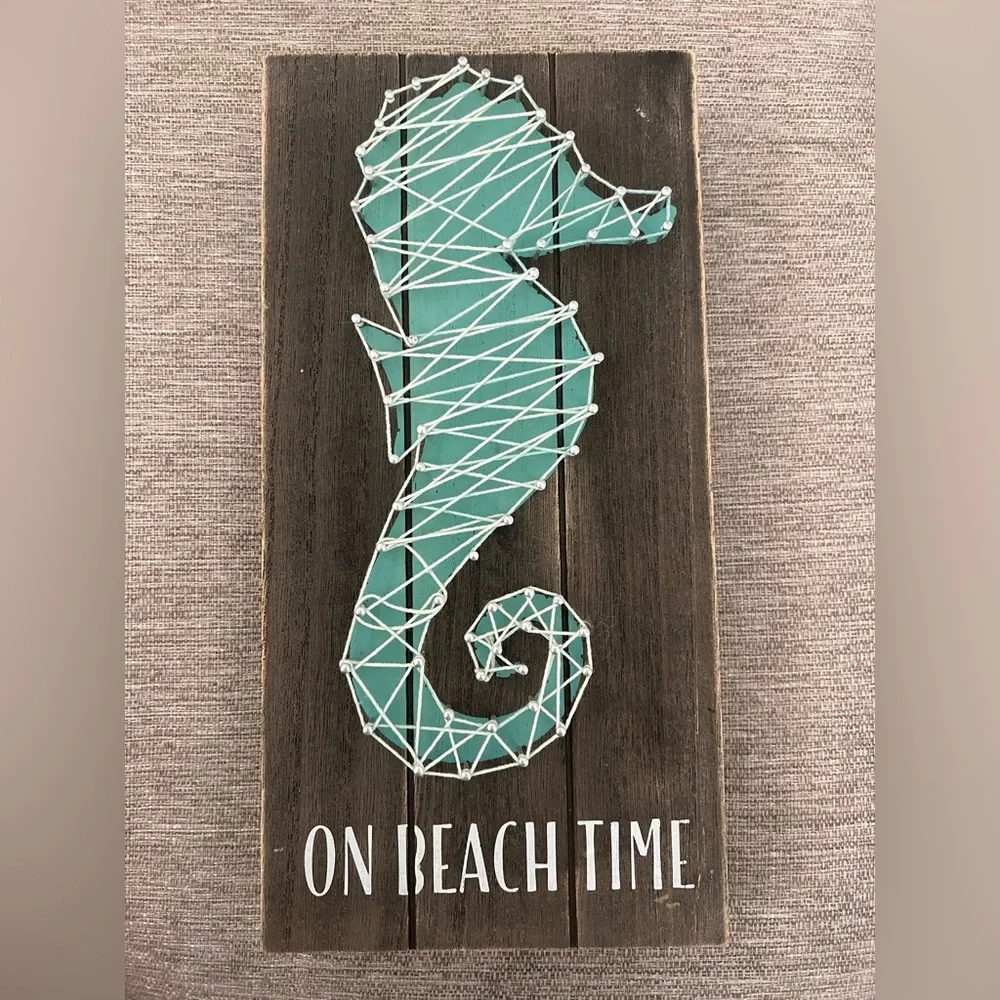 Coastal Seahorse String Wall Art Wood Sign - On Beach Time Decor Rustic Nautical